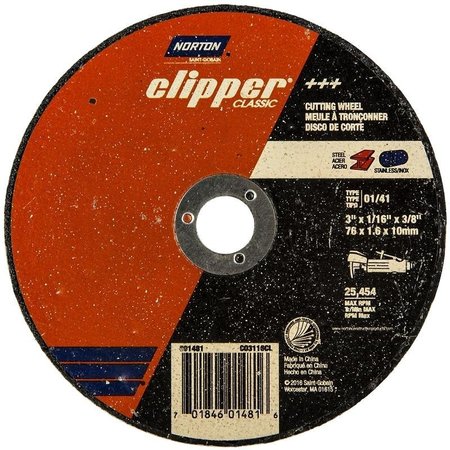NORTON CLIPPER Clipper Classic A AO Series Cutoff Wheel, 3 in Dia, 116 in Thick, 38 in Arbor 70184601481
